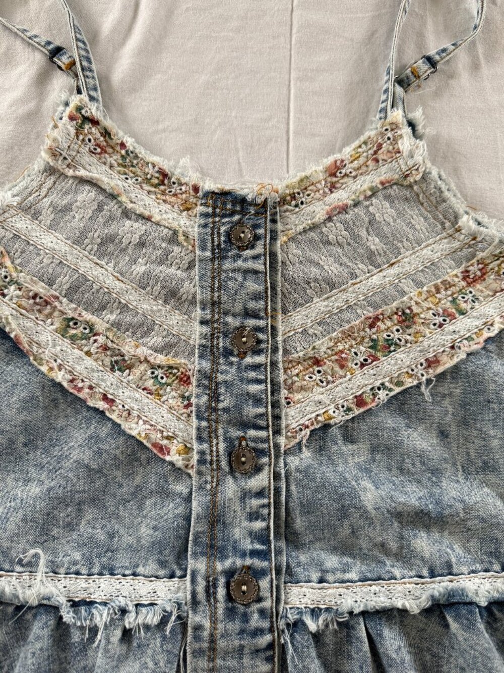 POL Washed Denim Lace Trim Tiered Flare Airy Bohemian Cami Babydoll Summer Top - Picture 8 of 9